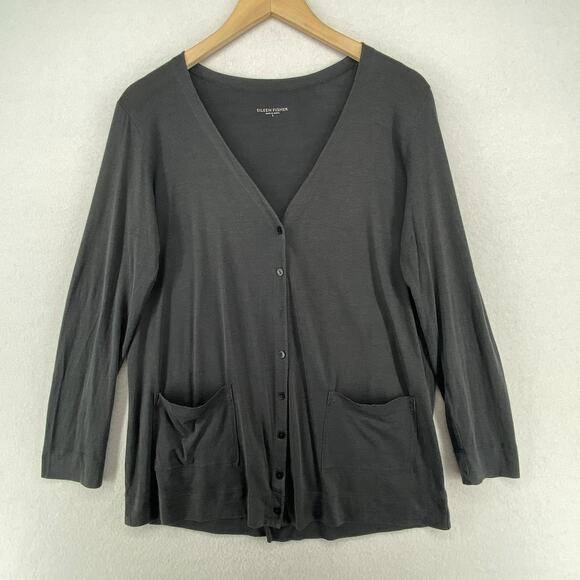 EILEEN FISHER Top S Silk Cotton Fine Jersey Button Up Cardigan Long Sleeve Gray - Picture 1 of 13